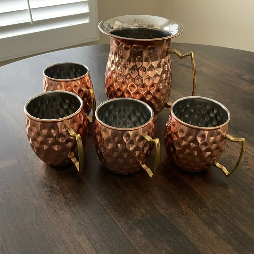 Hammered Copper Moscow Mule Pitcher and Mug Set